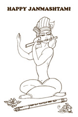 Happy Janmashtami. Vector Illustration Of Lord Krishna. Hand Drawn Greeting Card.