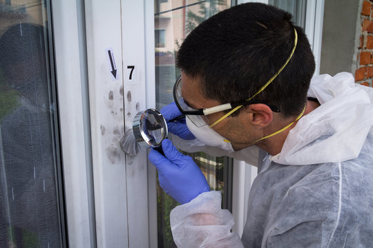 Forensic experts finds fingerprints on the window with the help of a magnifying glass