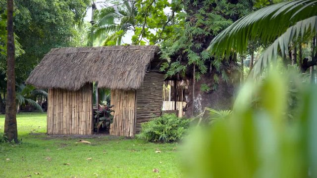 A rustic hut stands in a clearing in a Mauritian park area.