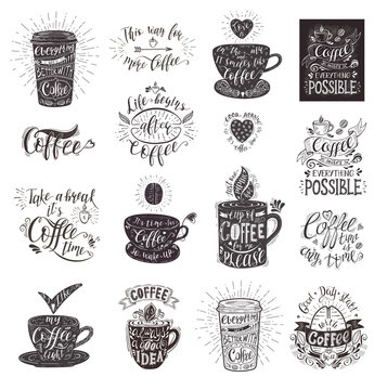 Fototapeta Set of Coffee quotes with a cup. Vector hand-drawn lettering