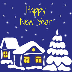 Fototapeta premium Happy new year. Vector illustration of a snow covered house and tree on blue background.