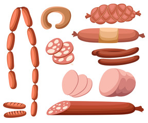 Meat and sausages Set of fresh and prepared meat. Beef, pork, salted lard and bologna and salami sausages. Modern flat style realistic vector illustration icons isolated on white background. © Alfmaler