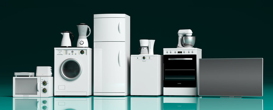 Home appliances on green blue floor. 3d illustration
