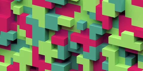 Gardinen 3D-Rendering, abstrakter geometrischer Hintergrund, bunter Konstruktor, Logikspiel, kubische Mosaikstruktur, isometrische Tapete, rote grüne Würfel © wacomka