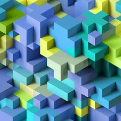 Fotobehang 3d render, abstract geometric background, colorful constructor, logic game, cubic mosaic structure, isometric wallpaper, blue green cubes © wacomka