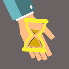 Hourglass in hand. Time is money concept. Save time. Vector illustration.