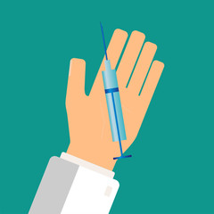Healthcare concept. Doctor hand holding syringe. Take injection. Hands pharmacist. Vector illustration.