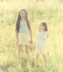 Fototapeta premium sibling sisters hugging each in the field