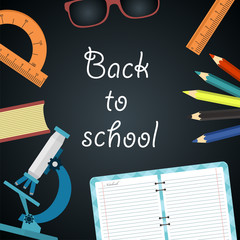 Back to school. Blackboard with school supplies. Vector illustration.