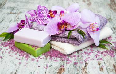 Fototapeta na wymiar Handmade soap and purple orchids