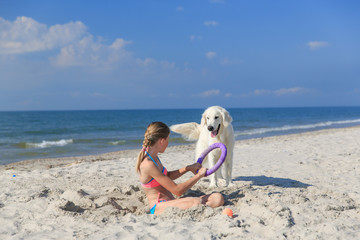 happy girl playing with a dog on the beach