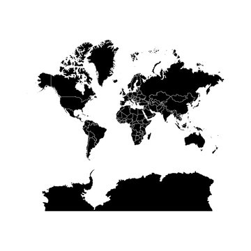 Black World map political, isolated on white background. Worldmap Vector template. Flat world Earth illustration.