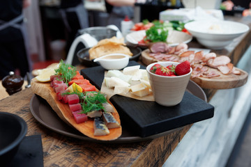 Platter of food on restaurant counter