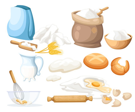 Cooking vector illustration. Kitchen utensils. Food sugar salt flour starch oil butter baking soda baking powde, vinegar eggs Web site page and mobile app design vector element