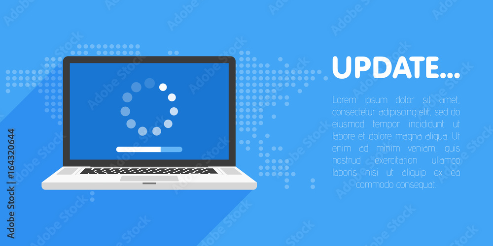 Poster system software update and upgrade concept. loading process in laptop screen. vector illustration