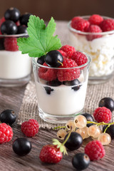 Dairy products with fresh berries. Cottage cheese, yogurt and sour cream in small glasses with berries.