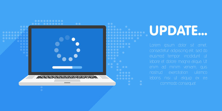 System software update and upgrade concept. Loading process in laptop screen. Vector illustration