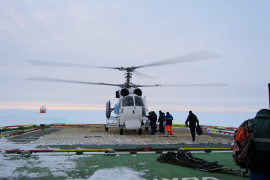Helicopter on the deck of expedition ship