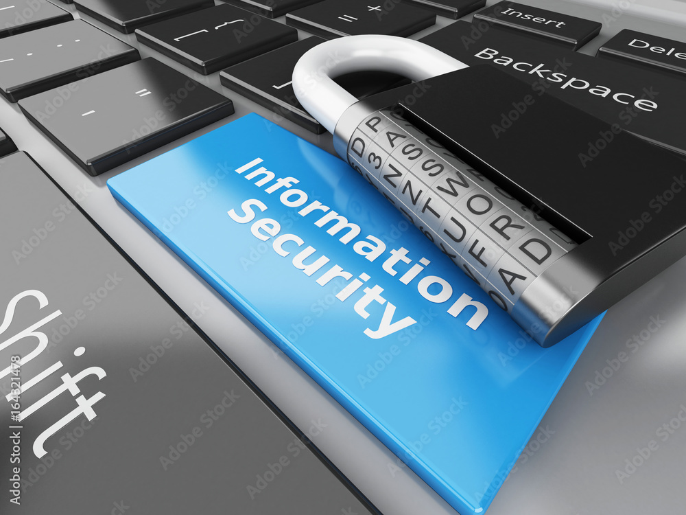 Poster 3d closed padlock and information security on computer keyboard.