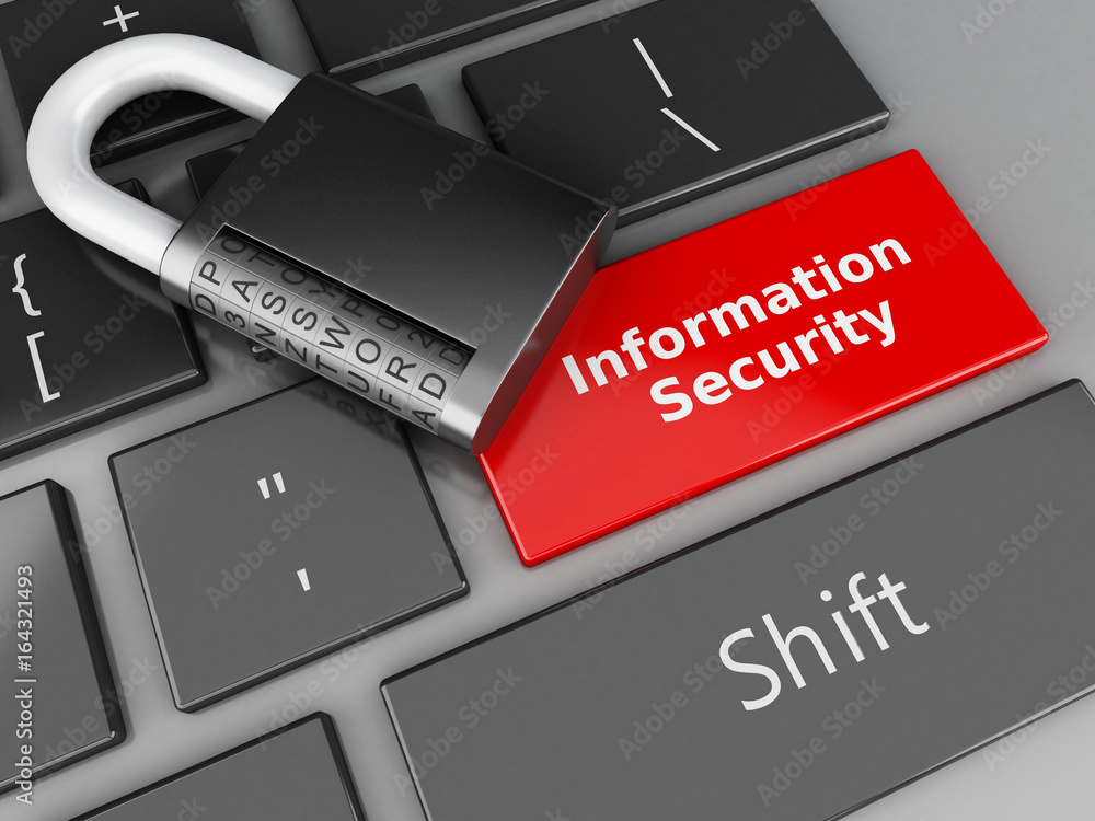 Poster 3d closed padlock and information security on computer keyboard.