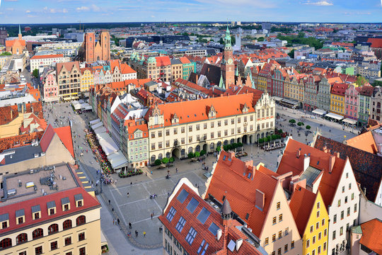 WROCLAW, POLAND - JUNE, 2017: Aerial view of a Market Square in Wroclaw, Poland. The famous tourist sight. Kind for a postcard.