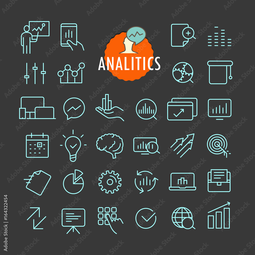 Poster Different analitics icons vector collection. Web and mobile app outline icons set on dark background