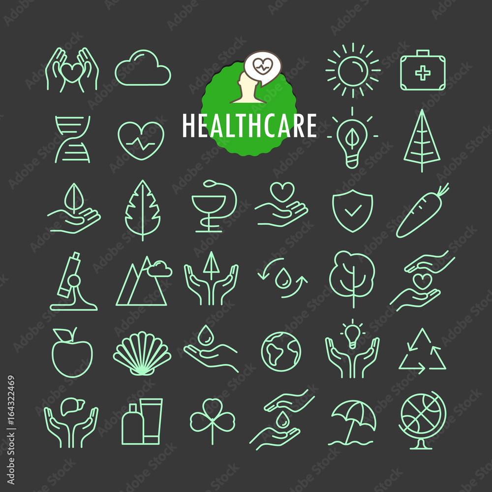 Poster Different healthcare icons vector collection. Web and mobile app outline icons set on dark backgrond