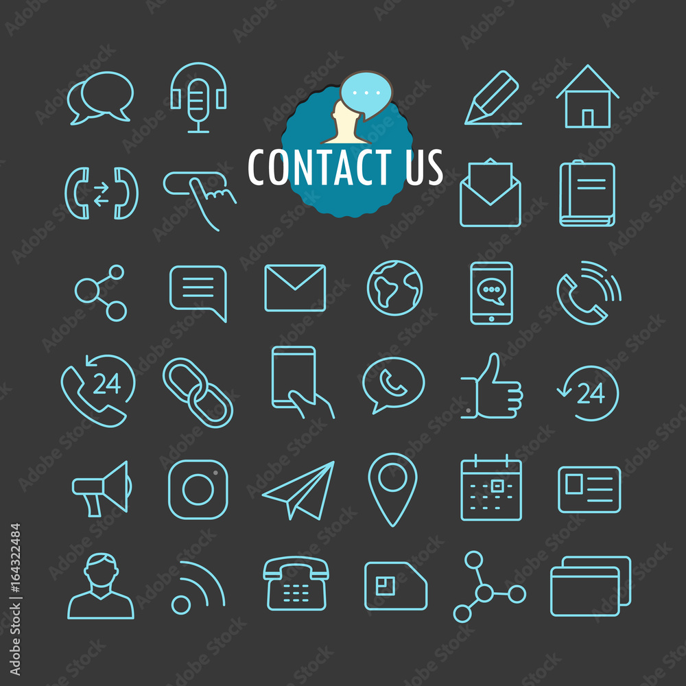Fototapete Different contact icons vector collection. Web and mobile app outline icons set on dark background