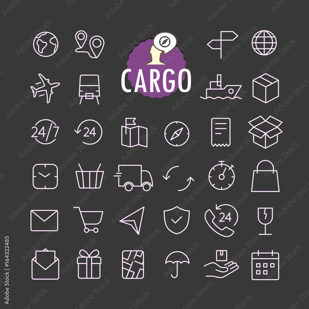 Poster Different cargo icons vector collection. Web and mobile app outline icons set on dark background