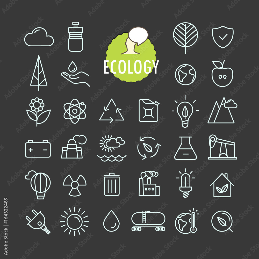 Poster Different ecology icons vector collection. Web and mobile app outline icons set on dark background