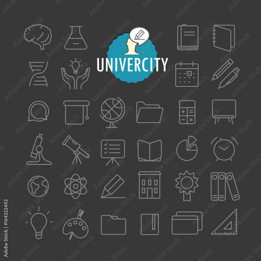 Poster Different education icons vector collection. Web and mobile app outline icons set on dark background
