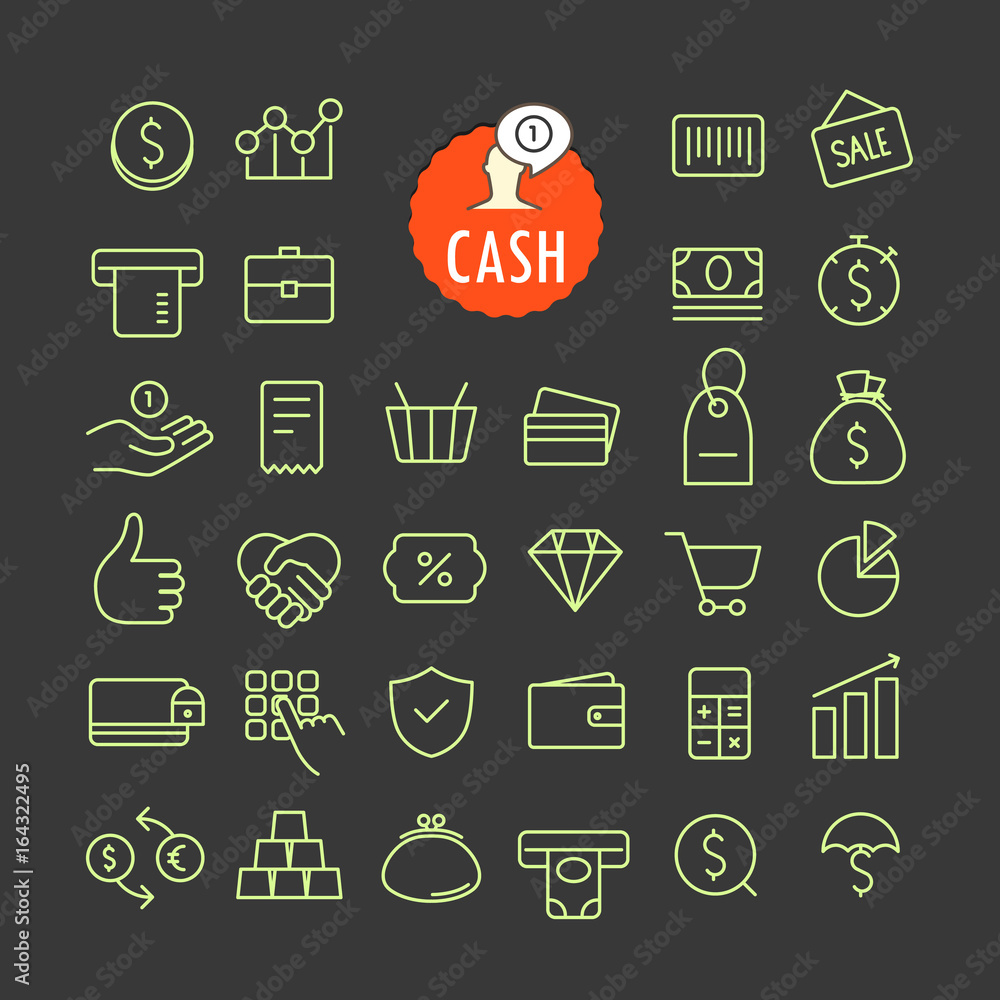 Poster Different cash icons vector collection. Web and mobile app outline icons set on dark background