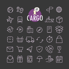 Different cargo icons vector collection. Web and mobile app outline icons set on dark background
