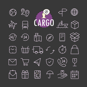 Different cargo icons vector collection. Web and mobile app outline icons set on dark background