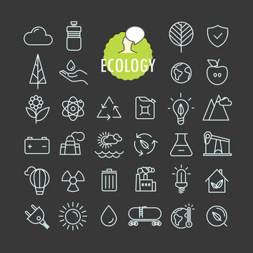 Different ecology icons vector collection. Web and mobile app outline icons set on dark background