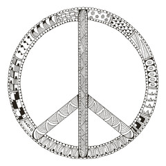 Peace sign isolated on white background. Zentangle stylized. Vector illustration. Freehand pencil. Hand drawn. Pattern.