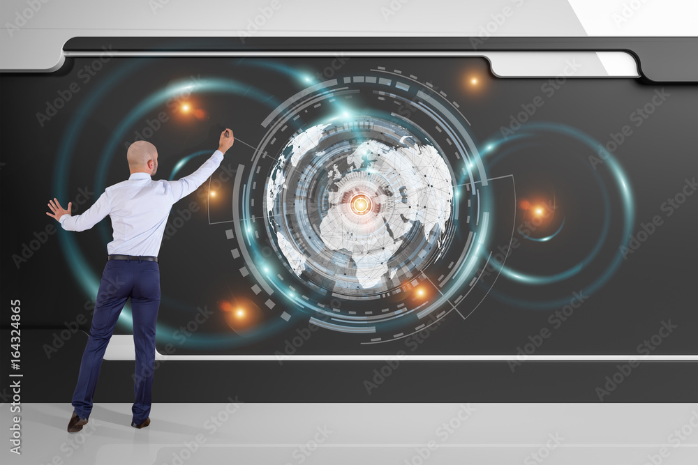 Poster businessman using digital planet earth interface on a board 3d rendering