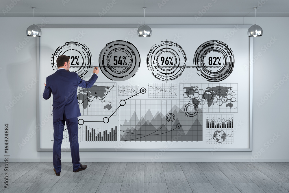 Poster Businessman using graph screens interface on a board 3D rendering