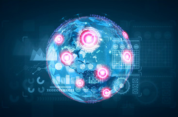 Earth hologram with graphs and place marks