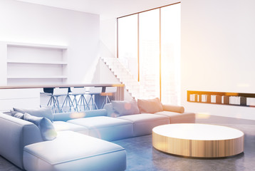Living room interior, gray sofas, corner toned