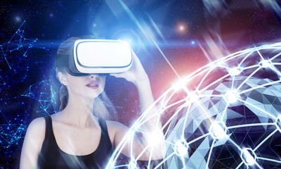 Blonde girl in VR glasses, network hologram