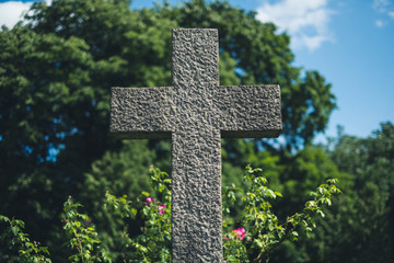  stone cross on grave, gravestone on cemetery