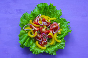 Fresh spring vegetable salad on a bright purple background