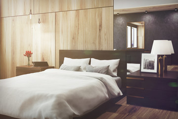 Black and wooden bedroom, mirror, side toned