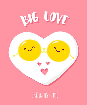 Funny cartoon fried eggs holding hands and smiles. Big love. Vector illustration.