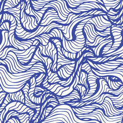 Marine seamless pattern with stylized blue waves on a light background. Water Wave abstract design.