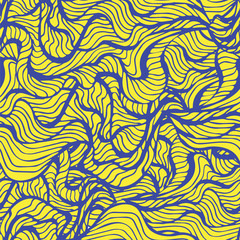 Marine seamless pattern with stylized blue waves on a light background. Water Wave abstract design.Blue lines on the yellow background