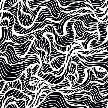 Marine waves  pattern on a black background. Water Wave abstract design.White  lines on the black background. Hand drawn print. Cosmetics Surf Sport  concept. Aqua backdrop.Seaweed stylized