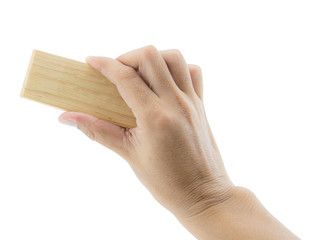 Hand holding brush erase isolated on white background, Teacher cleaning the chalkboard, Hand...