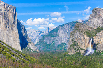 View of Yosemite Valley from Tunnel View point - view to Bridal veil falls, El Capitan and Half Dome - Yosemite National Park in California, USA